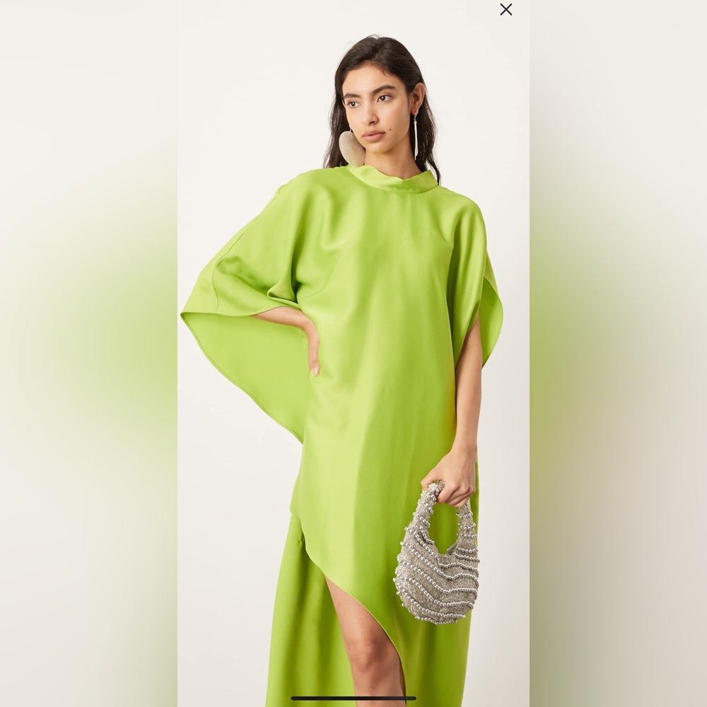 Green High Neck Cape Sleeve Mini High Low Dress